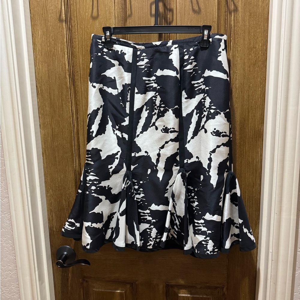 Black and White Ruffled Silk Trumpet Midi Skirt
